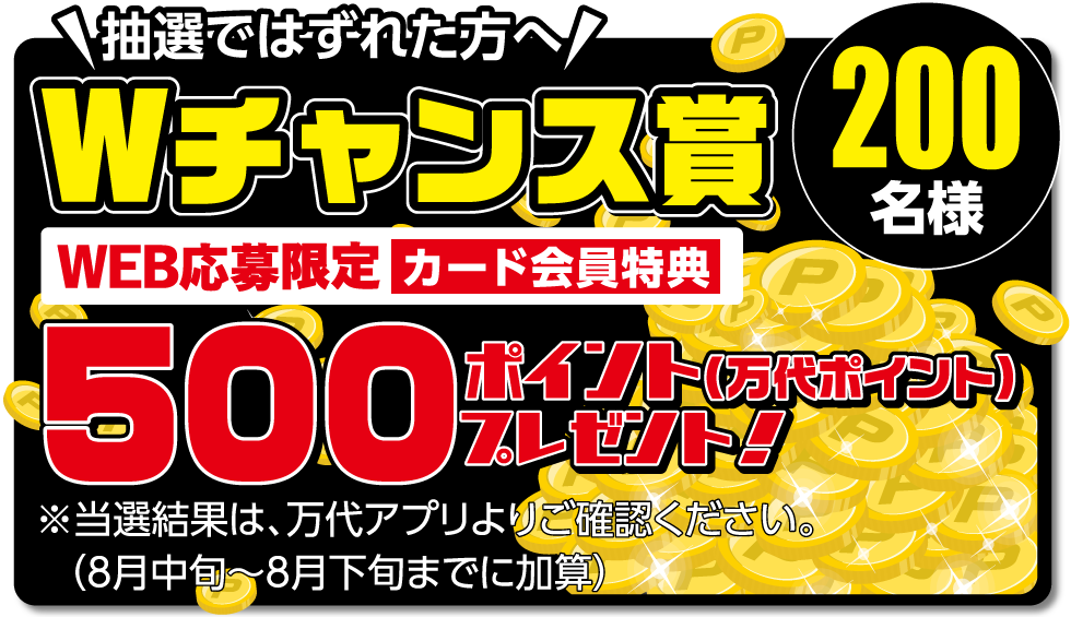 抽選ではずれた方へ Wチャンス賞 WEB応募限定 カード会員特典 500ポイントクーポン（万代ポイント）プレゼント! 【600名様】※当選結果は、万代アプリよりご確認ください。（8月中旬～8月下旬までに加算）